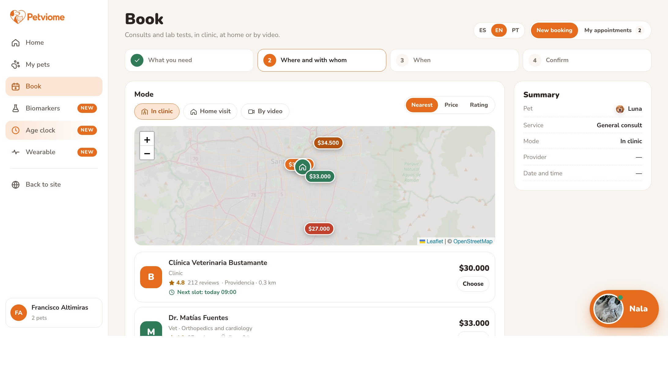 PetViome booking: map of vets with prices, visit mode and a live summary