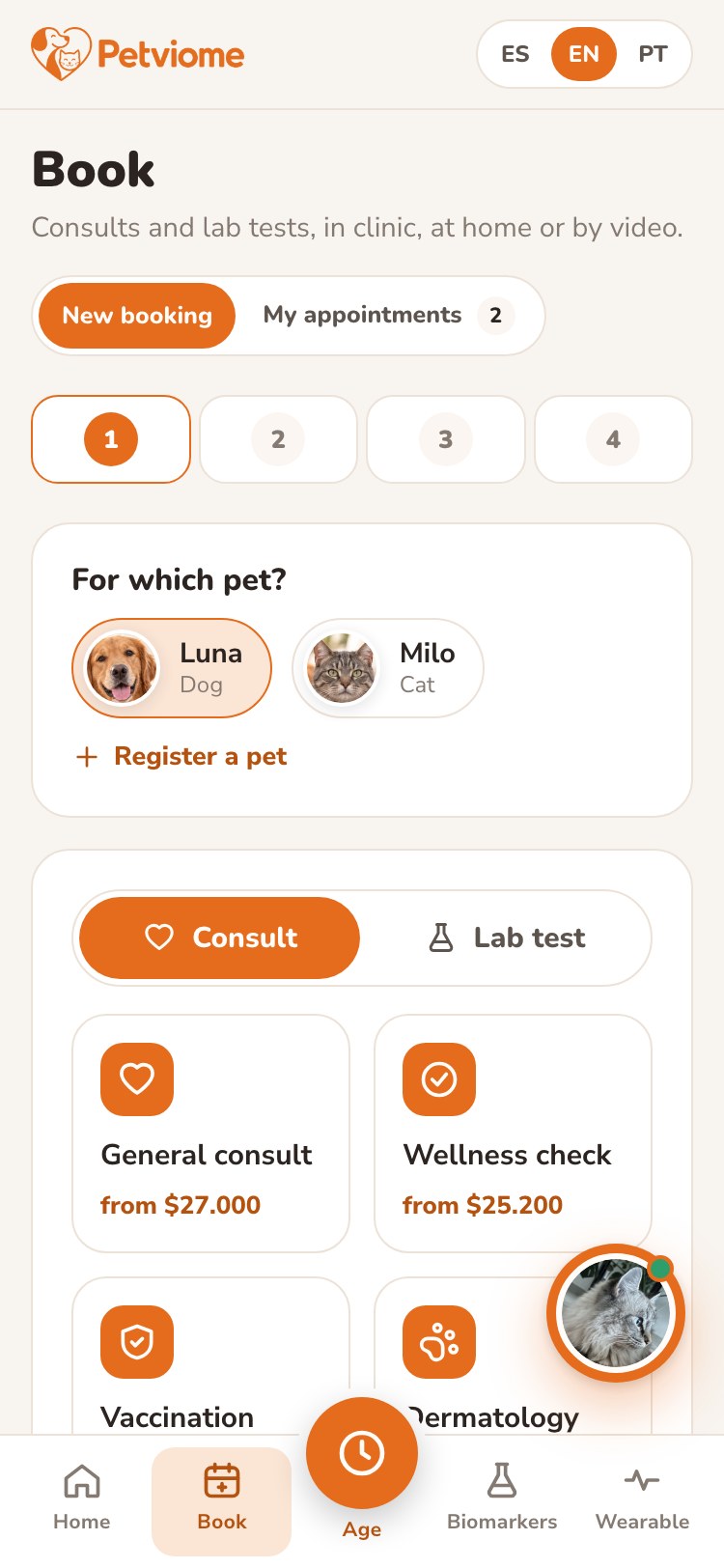 PetViome mobile booking: choose pet, consult or lab test, and service with price