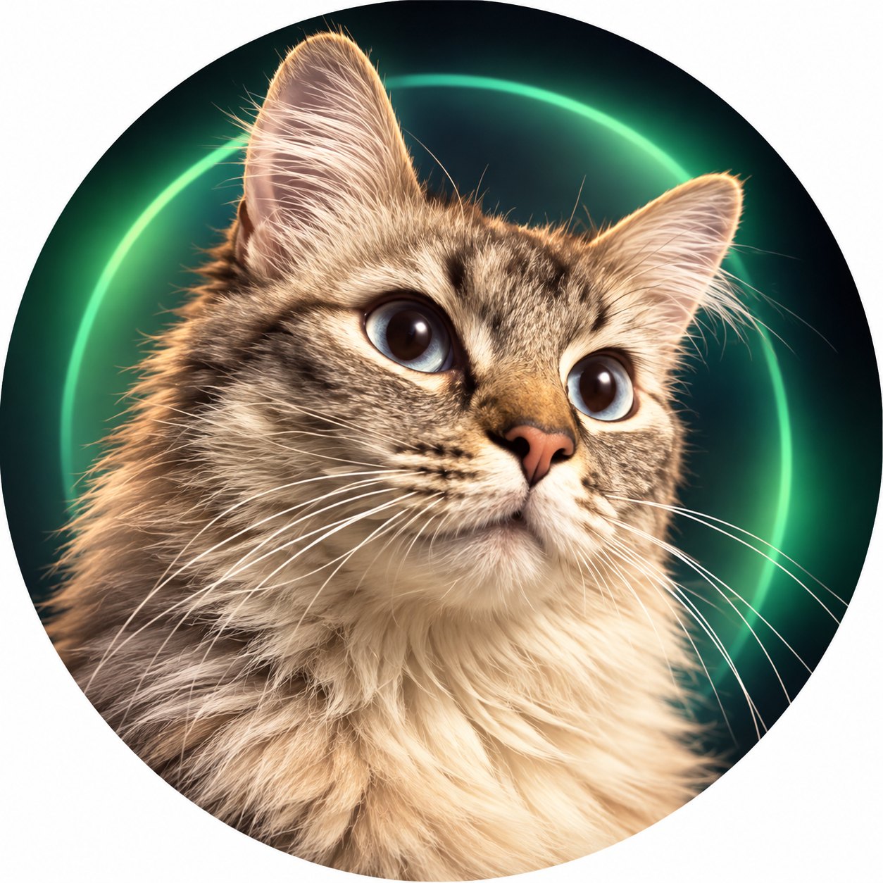 Nala, a tabby cat with a green halo