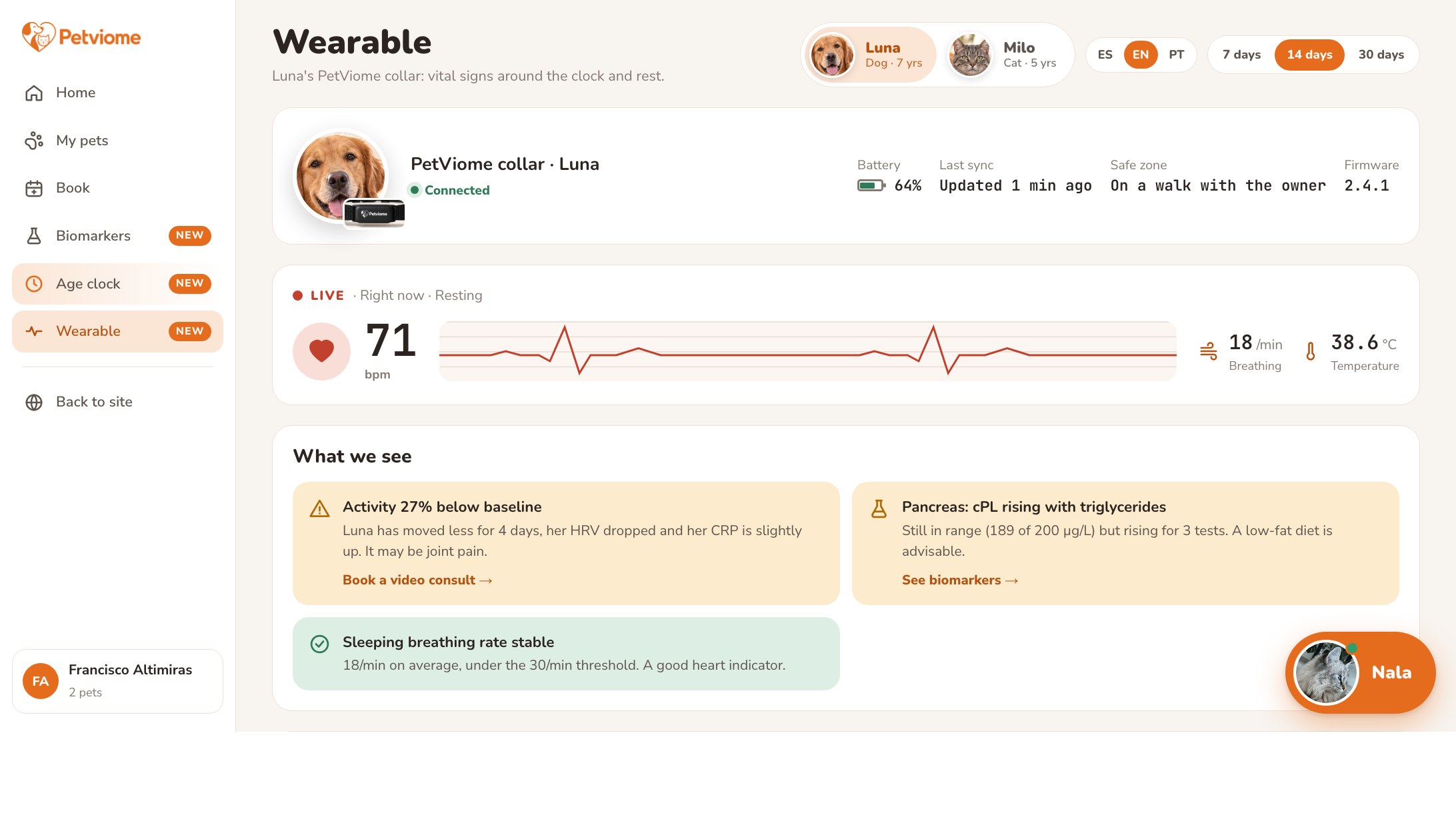 PetViome Wearable screen: live heart rate 71 bpm, breathing, temperature and insights
