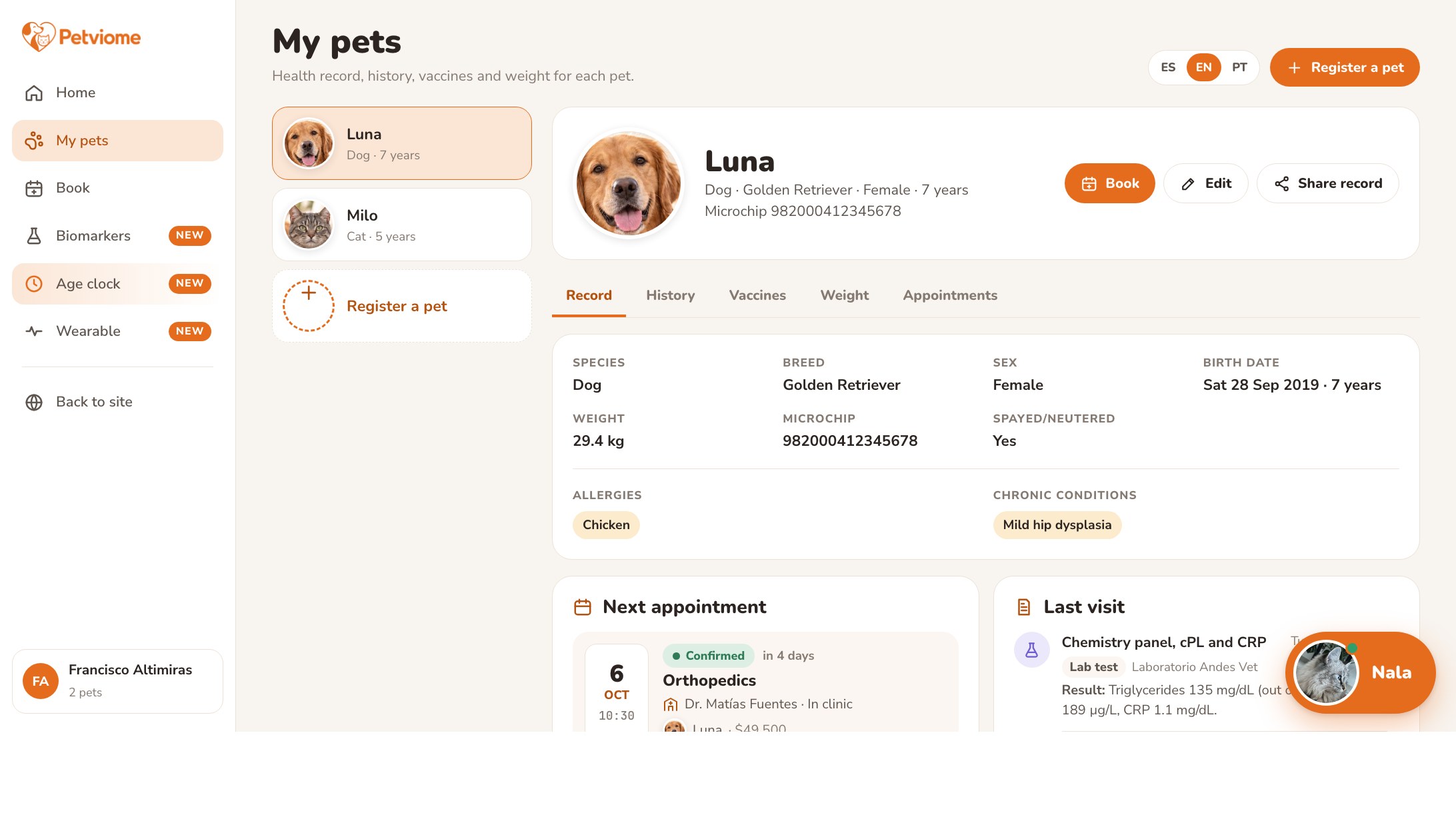 PetViome pet record: identification, allergies, chronic conditions, next appointment and last visit
