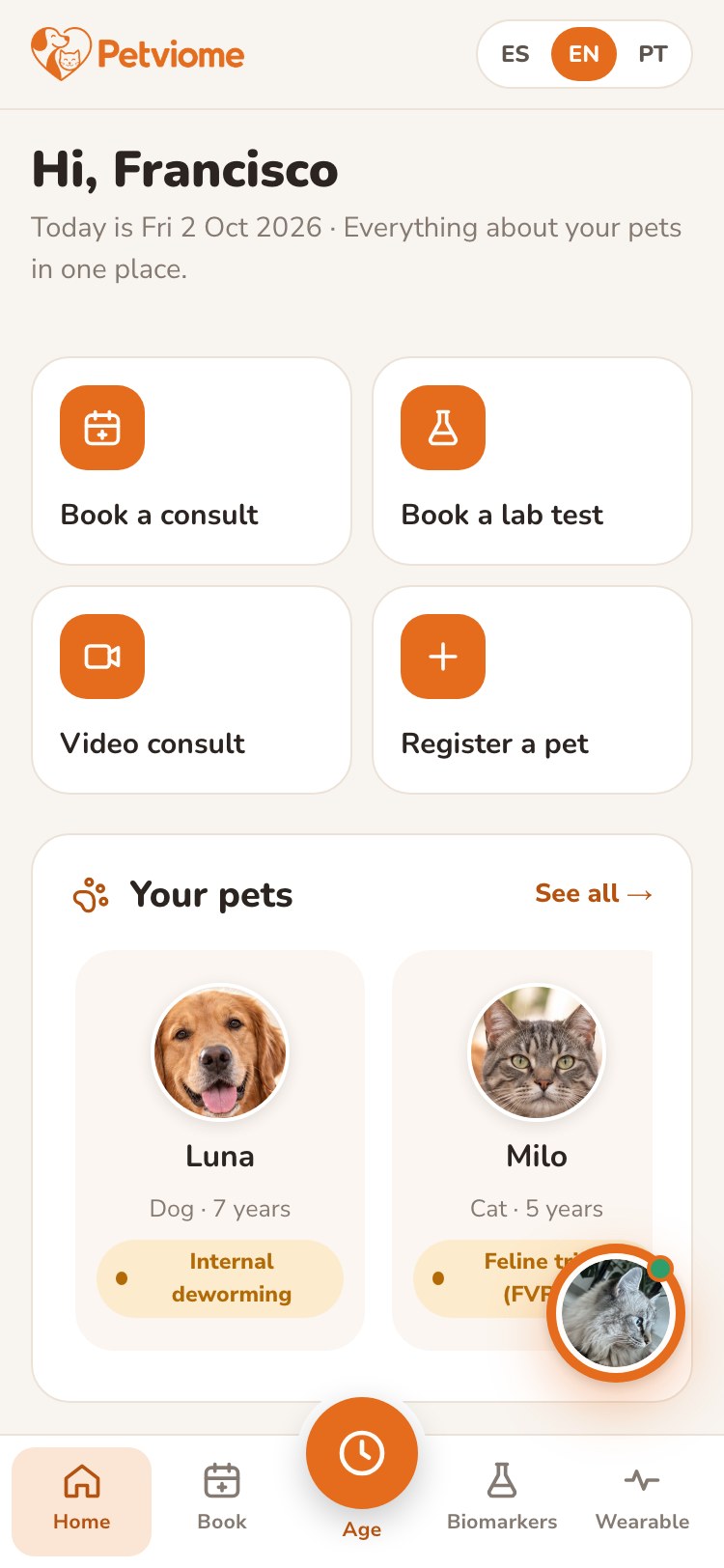 PetViome mobile home: quick actions, pets and the Age clock button at the center of the tab bar